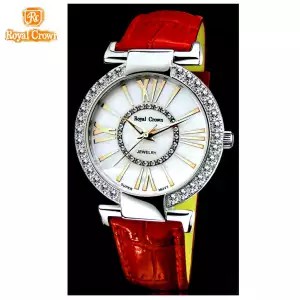 Royal Crown นาฬิกาข้อมือผู้หญิง สายหนังแท้ ประดับเพชร cz อย่างดี รุ่น 6116 -(Red)