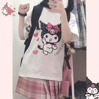 ญี่ปุ่นน่ารักแขนสั้นหญิง Kuromi การ์ตูนพิมพ์ฤดูร้อนใหม่สไตล์วิทยาลัยเสื้อยืดหญิงป่าหลวม