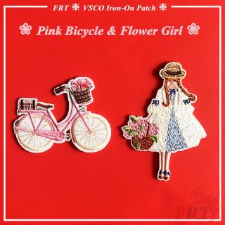 ☸ VSCO - Pink Bicycle &amp; Flower Girl Patch ☸ 1Pc/2Pcs DIY Sew on Iron on Badges Patches