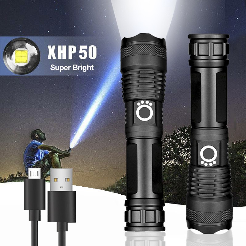 ไฟฉาย Led แบบชาร์จ Usb ซูมได้ (พร้อมแบตเตอรี่ 18650) Cree XHP50