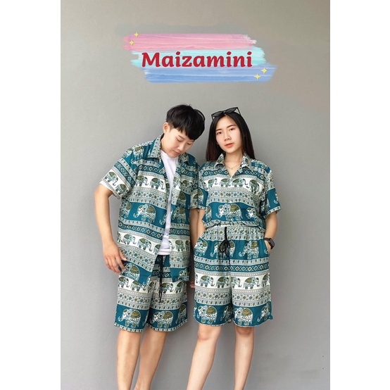 (ร้านค้าส่งไว)ได้ทั้งชุด ชุดเซทเสื้อฮาวาย/กางเกงขาสั้นสองกระเป๋าใส่ได้ทั้งชายและหญิง ผ้าเรย่อน ใส่ได้ทุกไซส์ ลายช้างฮิต
