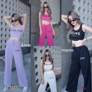 PP15599 Set 2 ชิ้น เสื้อครอปแขนกุด + กางเกงขายาว