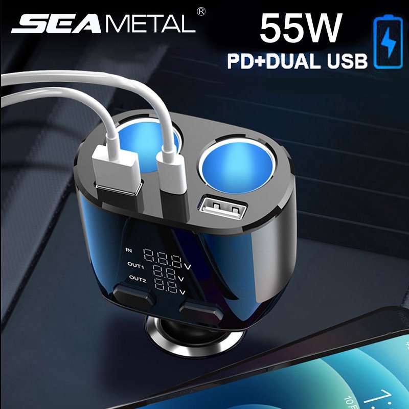 ที่ชาร์จแบตในรถยนต์ชาร์จเร็วแบบสอง USB ที่จุดบุหรี่แบบชาร์จไฟ 55W แรงดันไฟฟ้า 12V-30V