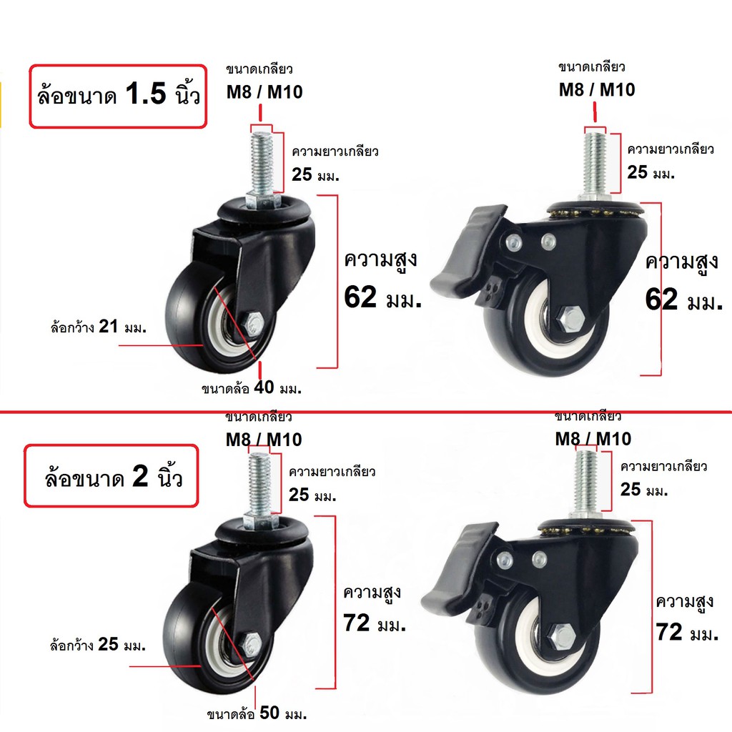 ล้อยางPU.ขนาด 1.5 นิ้ว/ ขนาด 2 นิ้ว แบบเกลียวM10 มีลูกปืนที่แกนล้อ,  มีเบรค/ไม่มีเบรค, ล้อเป็นหมุนได้ 360 องศรา - รูปที่ 4
