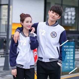 เสื้อเเจ็คเก็ตเบสบอลสีเทาแขนสีน้ำเงิน  NY ตัวเลข 72 มี 7 ไซต์ F5Cs04-0447