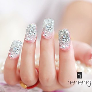 ❤READY 24pcs/Set Silver Glitter False Nails 3D Rhinestone Full Cover Art fake nails  Glue Artificial