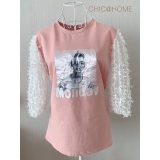 ( พร้อมส่ง ) สินค้ามือสอง คัดเกรด คุณภาพดี ! 🎀 เสื้อยืด แต่งลูกไม้ สีชมพู (2207)