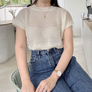 พร้อมส่ง Waffle knit top เสื้อครอปไหมพรม เสื้อครอปไหมพรมตาข่าย เสื้อไหมพรม knitted crop top