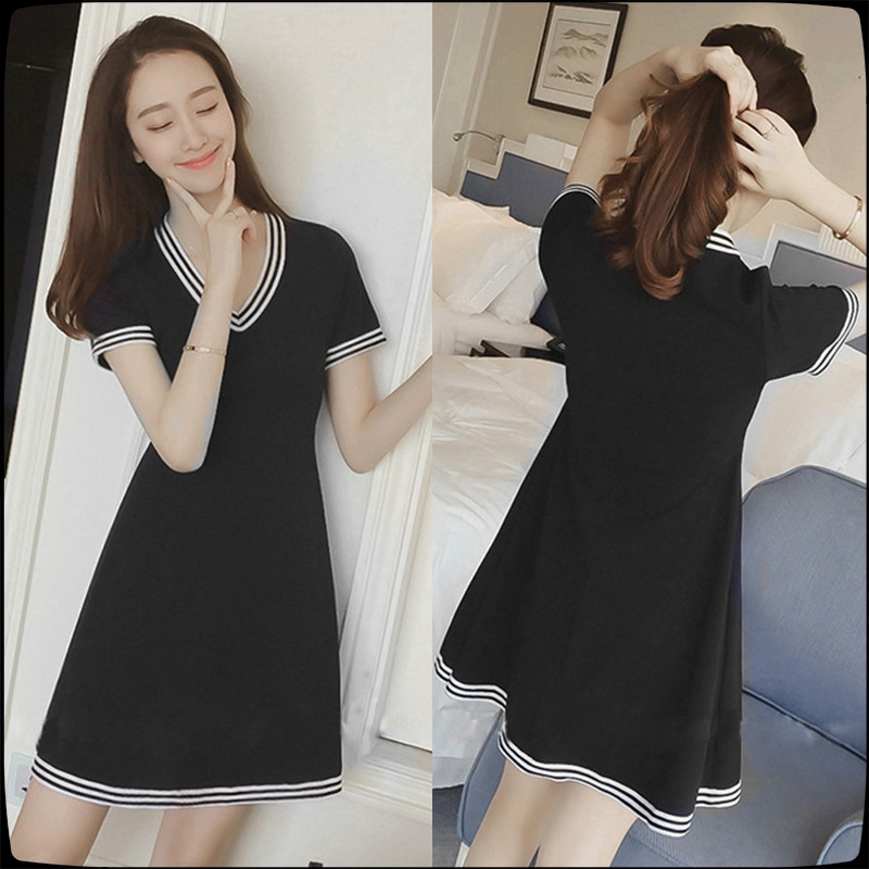 Women Korean Short Sleeve ชุดเดรสสั้น Casual Loose Mini Dress