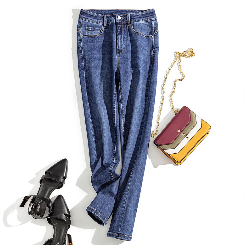 Explosive Jeanswest 21 ฤดูใบไม้ผลิใหม่กางเกงยีนส์เอวสูงทรงสลิมกางเกงเก้าจุดและกางเกงขายาวทรงดินสอของผู้หญิง