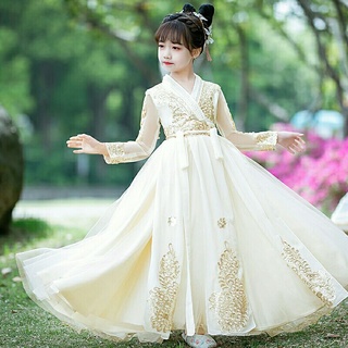 ชุดฮั่นฝูเด็ก Super Fairy ครีมทอง ชุดจีนโบราณ Hanfu ประยุกต์ ชุดเดรส ชุดกระโปรง ชุดเด็ก ชุดเด็กผู้หญิง