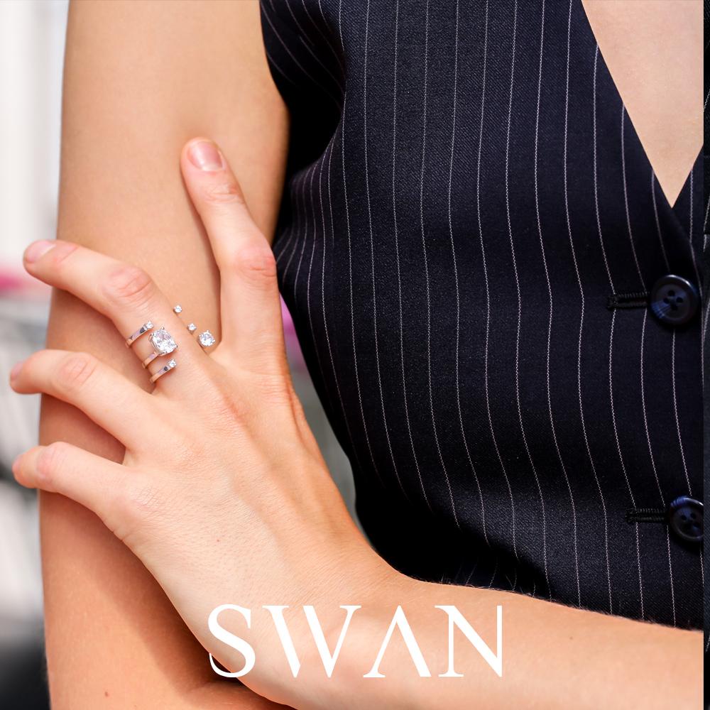 Swan خاتم فضة حقيقية بيضاوي بالزركون — مقاس حر — صورة 2