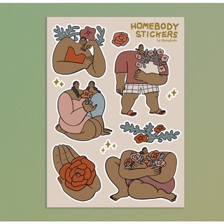 สติ๊กเกอร์แผ่น สติกเกอร์ ไดคัท กันน้ำ ลายผู้หญิงและดอกไม้ Homebody Sticker Sheet แบรนด์ Ping Hatta. Studio