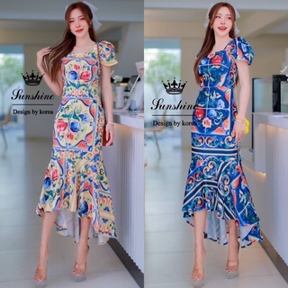 🧡พร้อมส่ง M-4XL🧡ป้าย Lady Sunshine💕เดรสยาว เดรสหางปลาชายระบาย พิมพ์ลายสวย สวยเรียบหรู