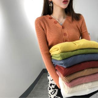 Fulllove เสื้อแขนยาวคอวี ไหมพรมร่อง แฟชั่นสไตล์เกาหลี เสื้อสเวตเตอร์ Chic มี10สี รุ่น9897