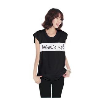 เสื้อยืดแขนล้ำ ผ้านุ่ม สกรีนนูน ลาย Whats up (สีดำ)