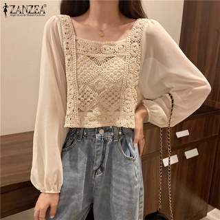 Zanzea เสื้อครอปท็อป คอสี่เหลี่ยม แขนพัฟ โครเชต์ น่ารัก สไตล์เกาหลี สําหรับผู้หญิง