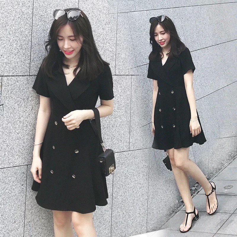 BL001 ขายดีมากๆๆ พร้อมส่ง ชุดเดรส สาวอวบ Plus Size สีดำ กระดุมสีทองสุดเก๋ คอปก มีซิปด้านหลัง เนื้อผ้านิ่ม ใส่สบาย