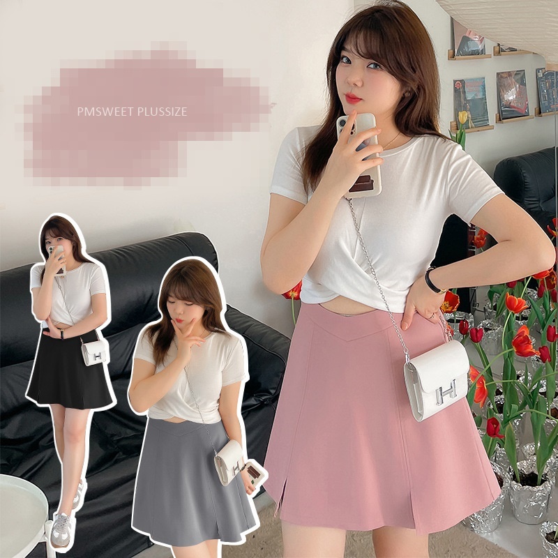 [ เอวถึง 44" ] : PMP2044 : พรีออเดอร์ เสื้อผ้าไซส์ใหญ่ คนอ้วน สาวอวบ กระโปรงสั้นเอวสูงยางยืดด้านหลัง ซับในแบบกางเกง