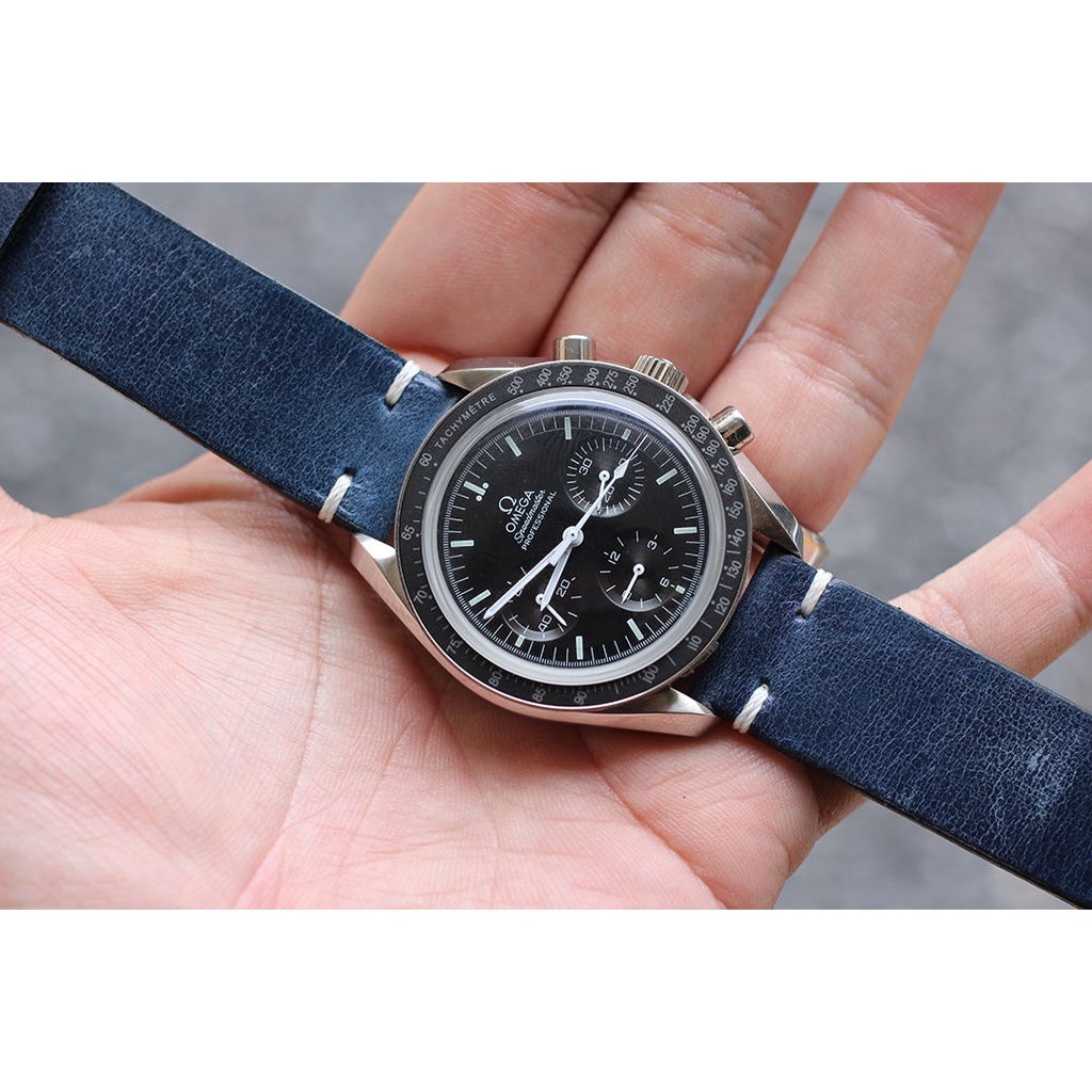 สายนาฬิกา สายหนังวัวแท้ overwrist side stitch dark blue italian handmade leather strap #1