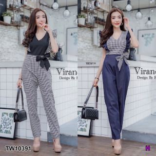&lt;TW10391&gt;Jumpsuit จั๊มสูทขายาวคอวี แขนสั้นแต่งระบายช่วงแขน มีสองเนื้อผ้า ผ้ายีนส์และผ้าทอลายสก๊อต