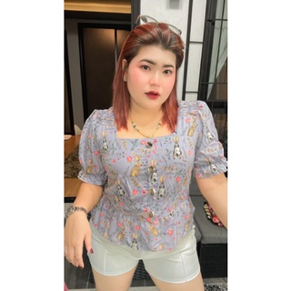 เสื้อคอเหลี่ยมผ้าไหมอิตาลีพิมลายกระต่าย น่ารักจ้า สม็อคหลัง อก 38-48 ยาว 25นิ้ว