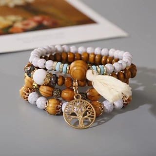 4 ชิ้น / เซต สร้อยข้อมือ โบฮีเมียน หลายชั้น ลูกปัดไม้ สําหรับผู้หญิง วินเทจ พู่ ดอกกุหลาบ สร้อยข้อมือ Femme เครื่องประดับ