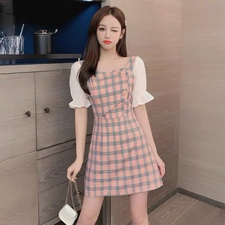 🌈 Fashion.shop.BKK 🌈 เดรสสก็อตชมพู แขนตุ๊กตา แต่งกระดุม ลุคคุณหนู สไตล์เกาหลี