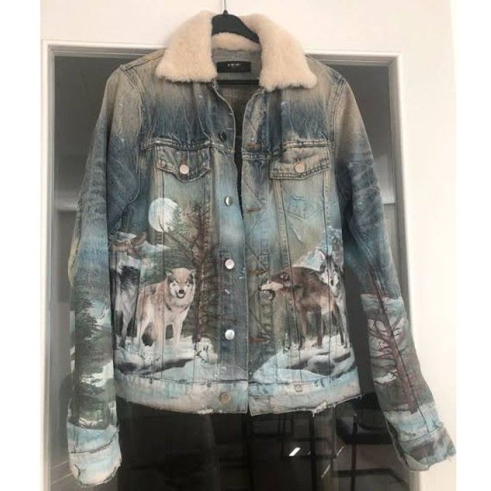 AMIRI SHEARLING DISTRESSED WOLVES PRINT INDIGO DENIM JACKET