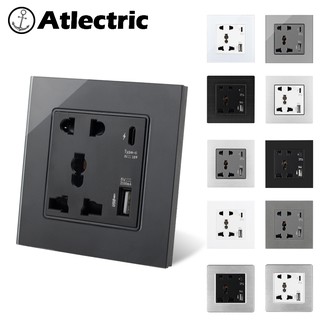 Atlectric Type-C ซ็อกเก็ตพาวเวอร์ 13A พร้อมพอร์ตชาร์จเร็ว USB Type C 18W 4A 3 รู 5 Pin สีดํา สีขาว สีเทา