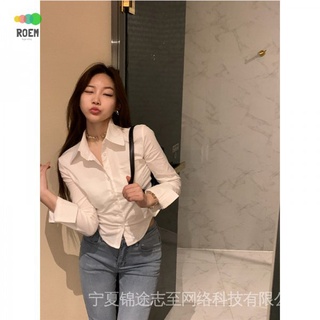 NINI [new season] pure style short long-sleeved shirt Korean style top womens summer single-breasted slim-fit elegant shirt design sense slimming