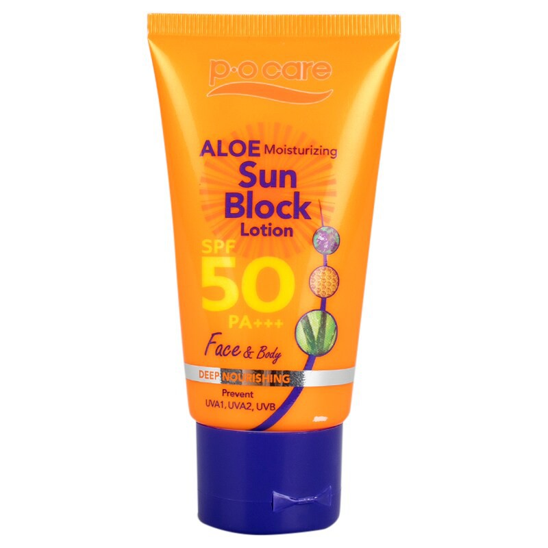 PO Care Aloe Moisturizing Sun Block Lotion SPF50 PA+++ 45 ml โลชั่นกันแดด