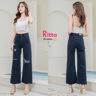 RittaJeans กางเกงยีนส์ผู้หญิง กางเกงยีนส์ทรงกระบอก เอวสูง วินเทจ สียีนส์ดำฟอก