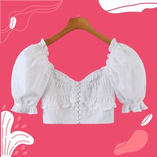 [𝗣𝗥𝗘-𝗢𝗥𝗗𝗘𝗥] ⛅️White crop top เสื้อครอปสมอคอกแต่งกระดุม มีซิปหลัง ผ้าฝ้ายสปัน