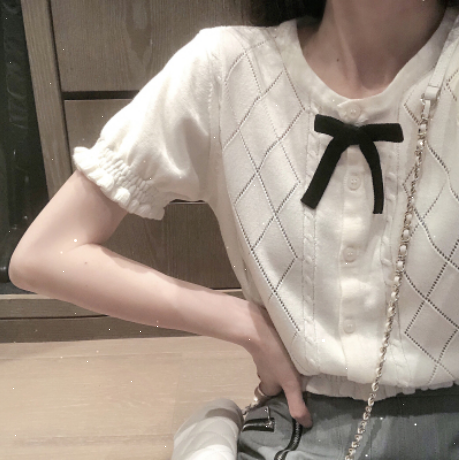 เสื้อแขนสั้น ผ้าถัก ประดับโบว์น่ารัก แฟชั่นฤดูร้อน สําหรับผู้หญิง