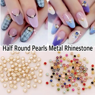 🔥มุกแต่งเล็บ มุกขอบทอง  Half Round Pearls Metal Rhinestone DIY Nail Art