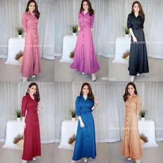 Maxi Dress แม็กซี่เดรสเชิ้ตแขนยาว สีพื้น งานเชิ้ตแต่งคอปกกระดุมช่วงหน้ายาว เอวด้านหลังสม็อคยางยืด ข