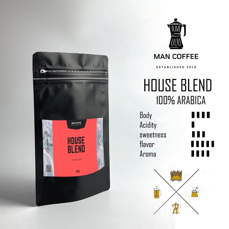 เมล็ดกาแฟเบลนด์ HOUSE BLEND Arabica100% ลงตัวทุกๆเมนูกาแฟ (250 กรัม)และ(500กรัม)