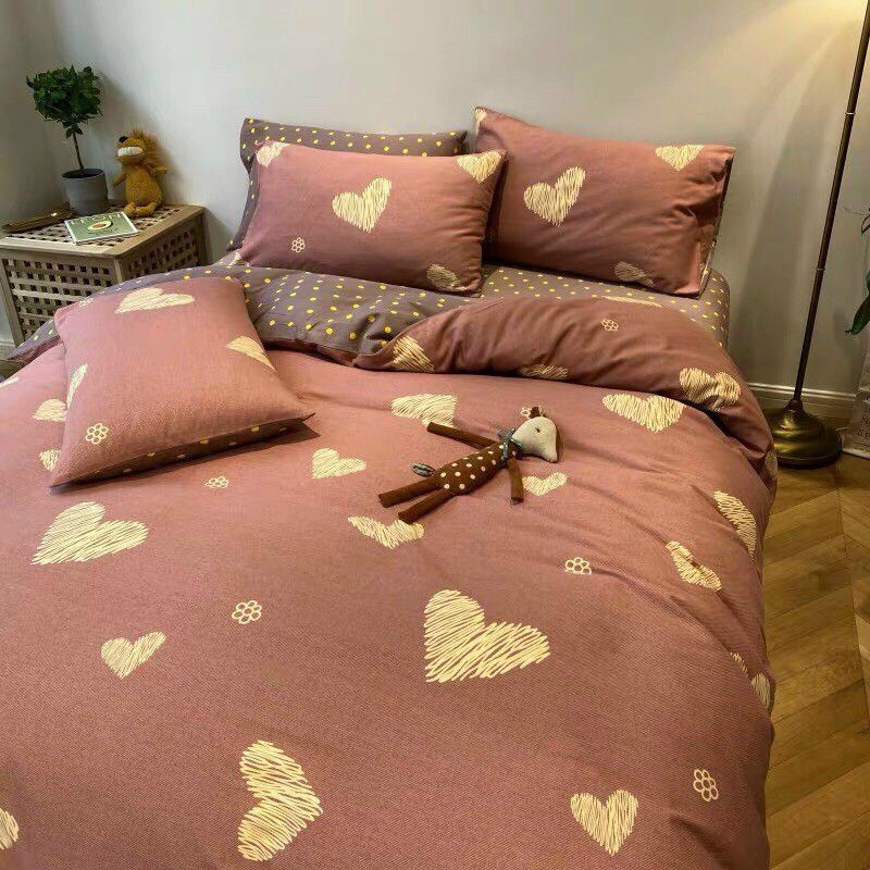 ชุดเต็มของ POLY COTTON BEDDINGS ทุกสี ไซส์ FALLING BEDROOM DECORTATION - PINK BROWN HEART PATTERN