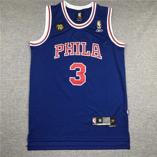 เสื้อกีฬาแขนกุด ลายทีม NBA Philadelphia 76ers No.3 Iverson สีฟ้า พลัสไซซ์