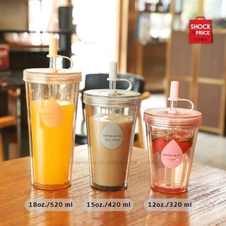 NEW!! แก้ว Tumbler หนา 2 ชั้น แถมหลอด สไตล์เกาหลี แก้วกาแฟ แก้วน้ำพลาสติกใส่หลอดได้