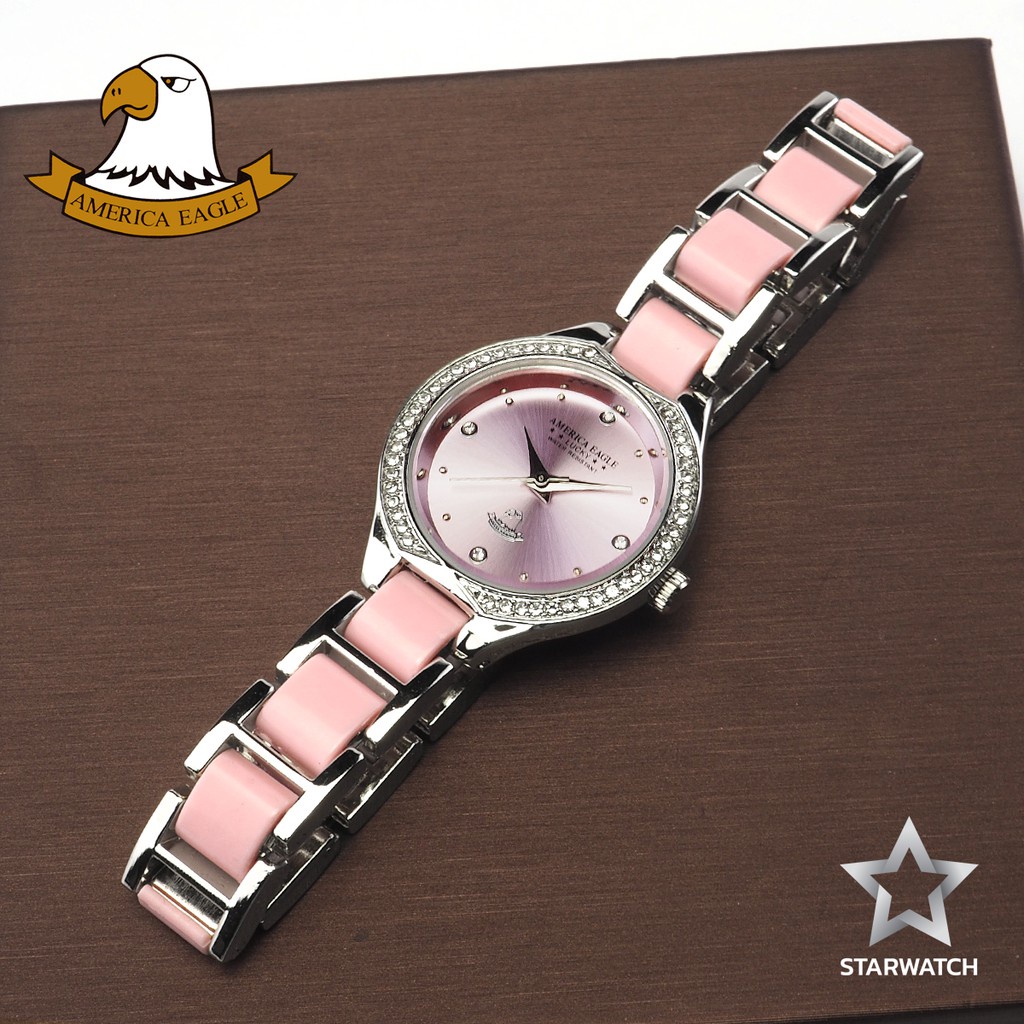 ▽AMERICA EAGLE นาฬิกาข้อมือผู้หญิง สายสแตนเลส รุ่น AE111L – SILVER/PINK