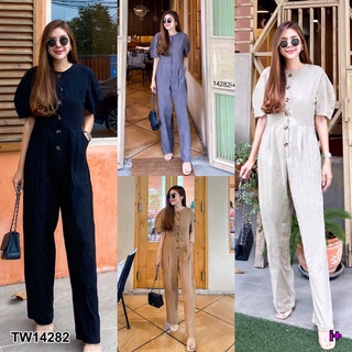 WST14282 Jumpsuit จั๊มสูทขายาว คอกลมกระดุมหน้า แขนสั้น มีกระเป๋าข้างสองข้าง เนื้อผ้าลินินอย่างดี