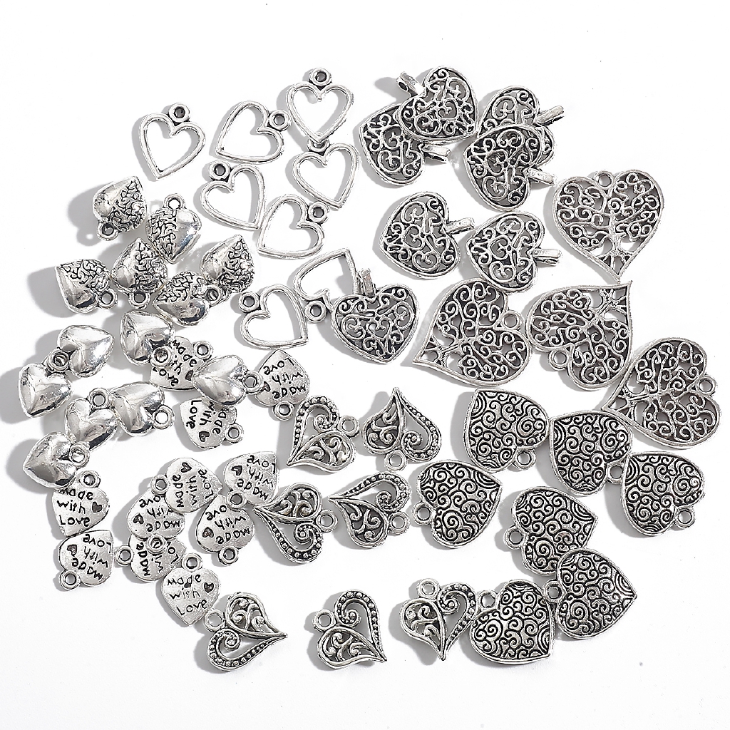 10-50 / แพ็ค จี้สร้อยคอ สร้อยข้อมือ ลูกปัดโลหะ รูปหัวใจ สีเงิน DIY