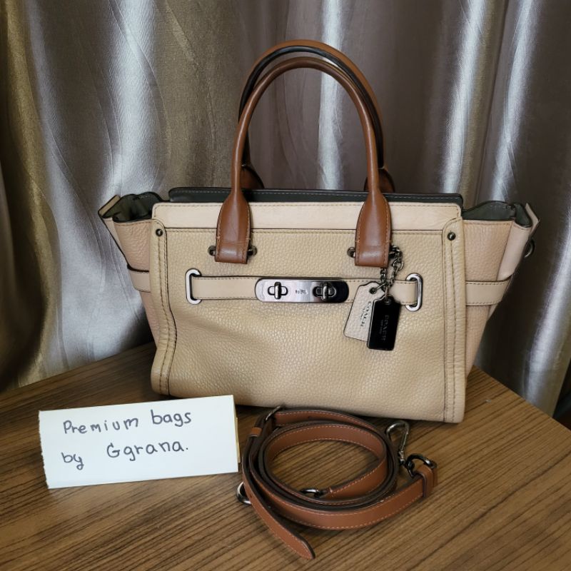 [Used] Coach Swagger Carryall Beechwood 34420 Colorblock Pebble Leather