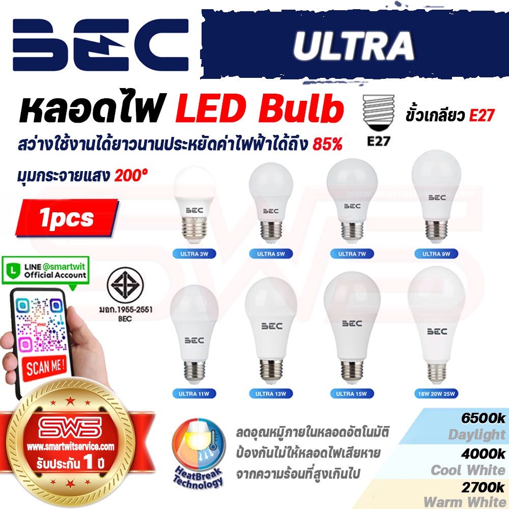 BEC ULTRA หลอดไฟ LED Bulb ทรงกลมขั้วเกลียว E27 ใช้กับไฟฟ้าบ้าน 220-240 โวลท์ (Watt) 3W 5W 7W 9W 11W 13W 15W 18W 20W 25W