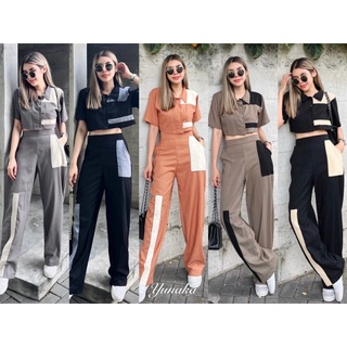 Yunaka ชุดเซ็ต 2 ชิ้น เสื้อเชิ้ตครอปแขนสั้น อก 40 Two tone Shirt Crop Set กางเกงขายาว เอว 32