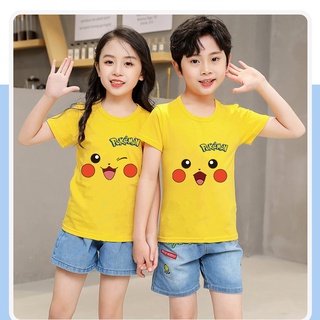 เสื้อยืดแขนสั้นลําลอง ผ้าฝ้าย 100% พิมพ์ลาย Pokemon Pikachu สีเหลือง สําหรับเด็กผู้ชาย และเด็กผู้หญิง