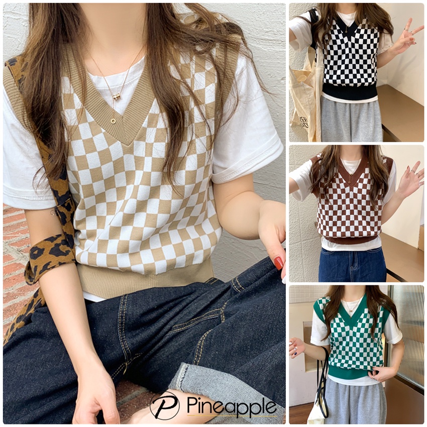 23158 เสื้อกล้ามหญิง เสื้อกั๊กไหมพรมถัก สไตล์ย้อนยุคเกาหลี สำหรับผู้หญิง Checkerboard knitted vest