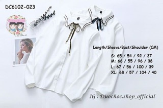 DC6102-023 เสื้อเชิ้ตแขนยาวสีขาวแต่งปก 2 ชั้น+ริ้บบิ้น